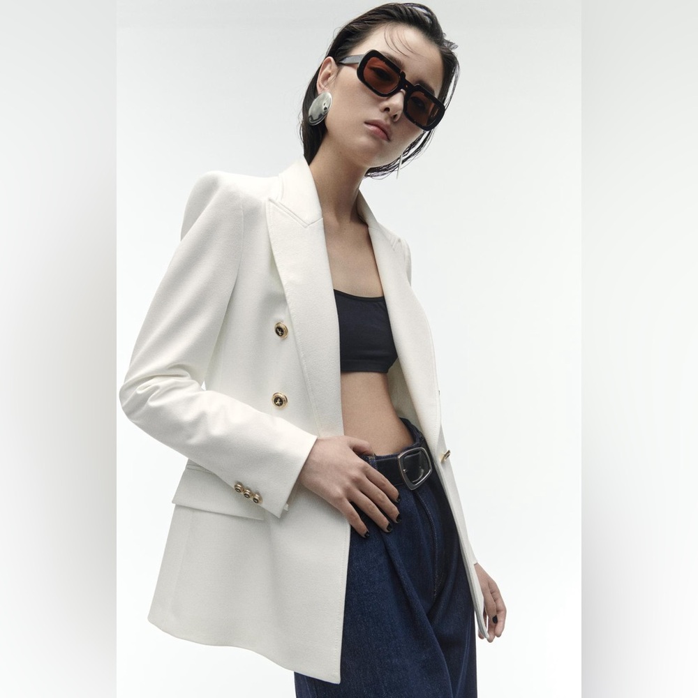 ZARA Oyster White Tailored Double Breasted Blazer Gold Button Sz M NWT - Picture 3 of 6